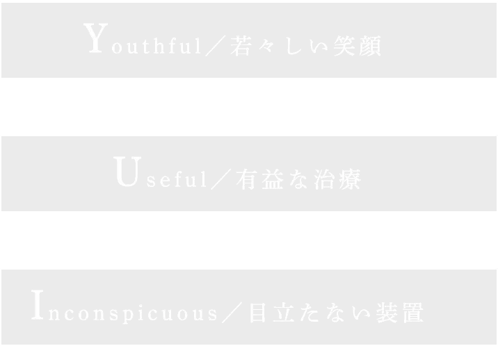 Youthful/若々しい笑顔 Useful/有益な治療 Inconspicuous/目立たない装置
